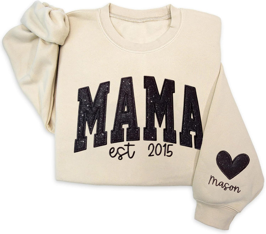 Personalized Mama Glitter Embroidered Sweatshirt, Mom Embroidered Sweatshirt, Mom Sweatshirts for Women, Mom - Design 1