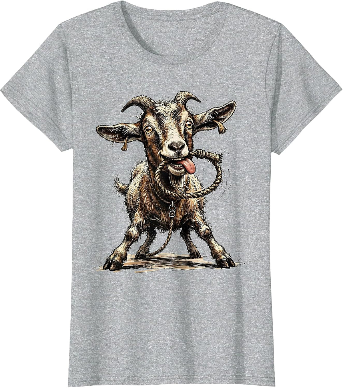 Derpy Goat Eating Its Own Leash Funny Animal T-Shirt - Heather Grey