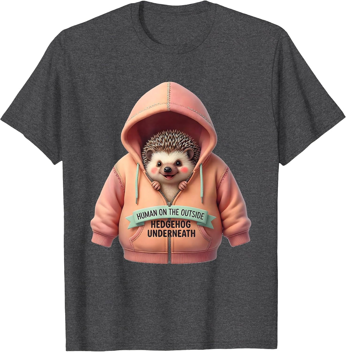 Men's Human On The Outside, Hedgehog Underneath Cute Kawaii T-Shirt - Dark Heather Grey