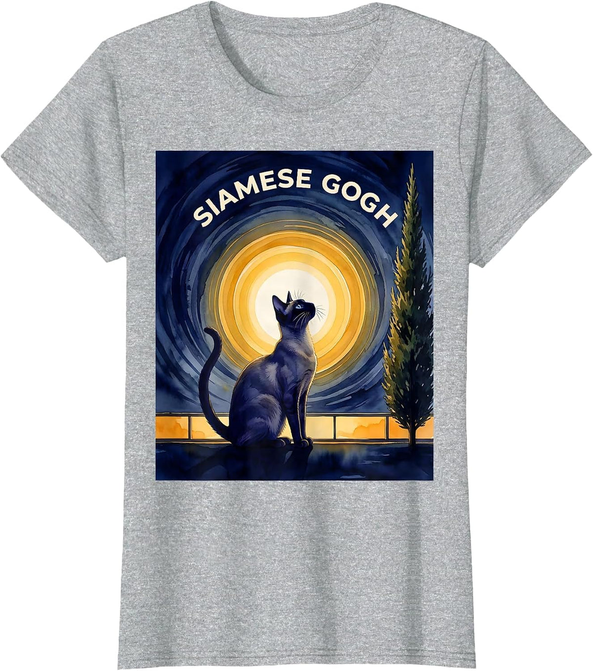Women's Siamese Gogh Watercolor Cat Lover Van Gogh Art Parody T-Shirt - Heather Grey
