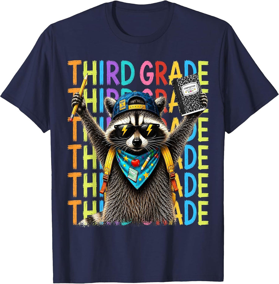 Kids 3rd Third Grade Feral Back to School Raccoon Teachers T-Shirt - Navy Blue