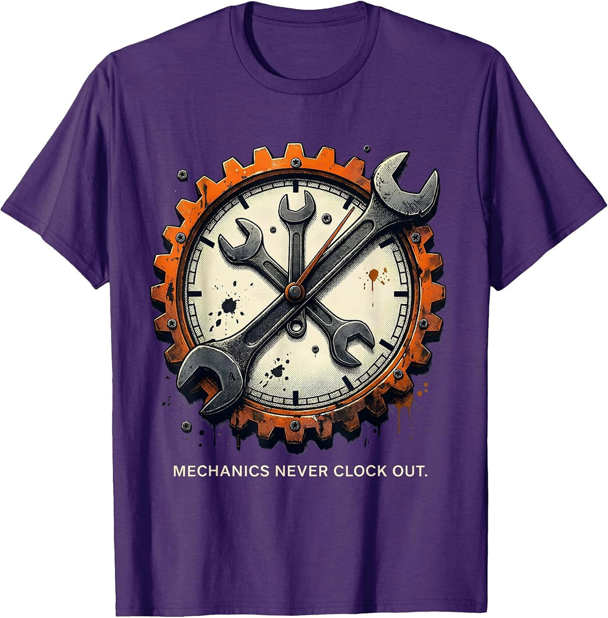 Mechanics Never Clock Out Wrench Design T-Shirt - Purple