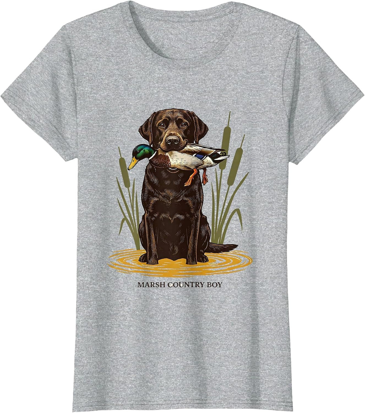 Marsh Country Boy Screenprint Poster Labrador Duck Hunting T-Shirt - Heather Grey