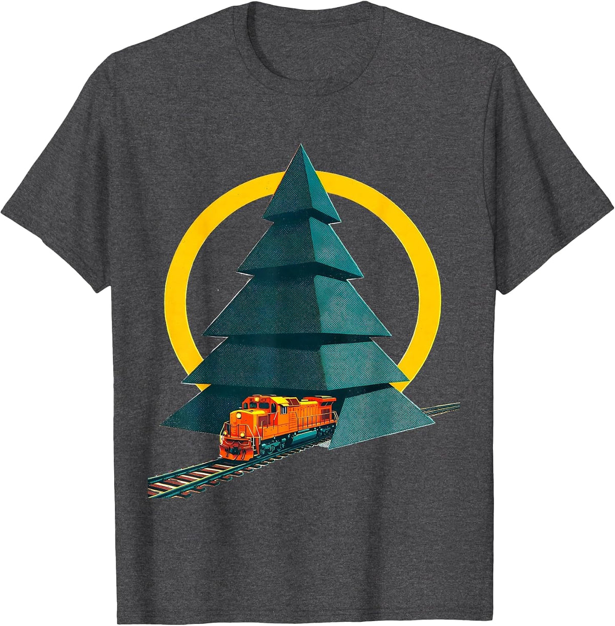 Men's Stepped Conifer Train Track Vintage Holiday Train Enthusiast T-Shirt - Dark Heather Grey