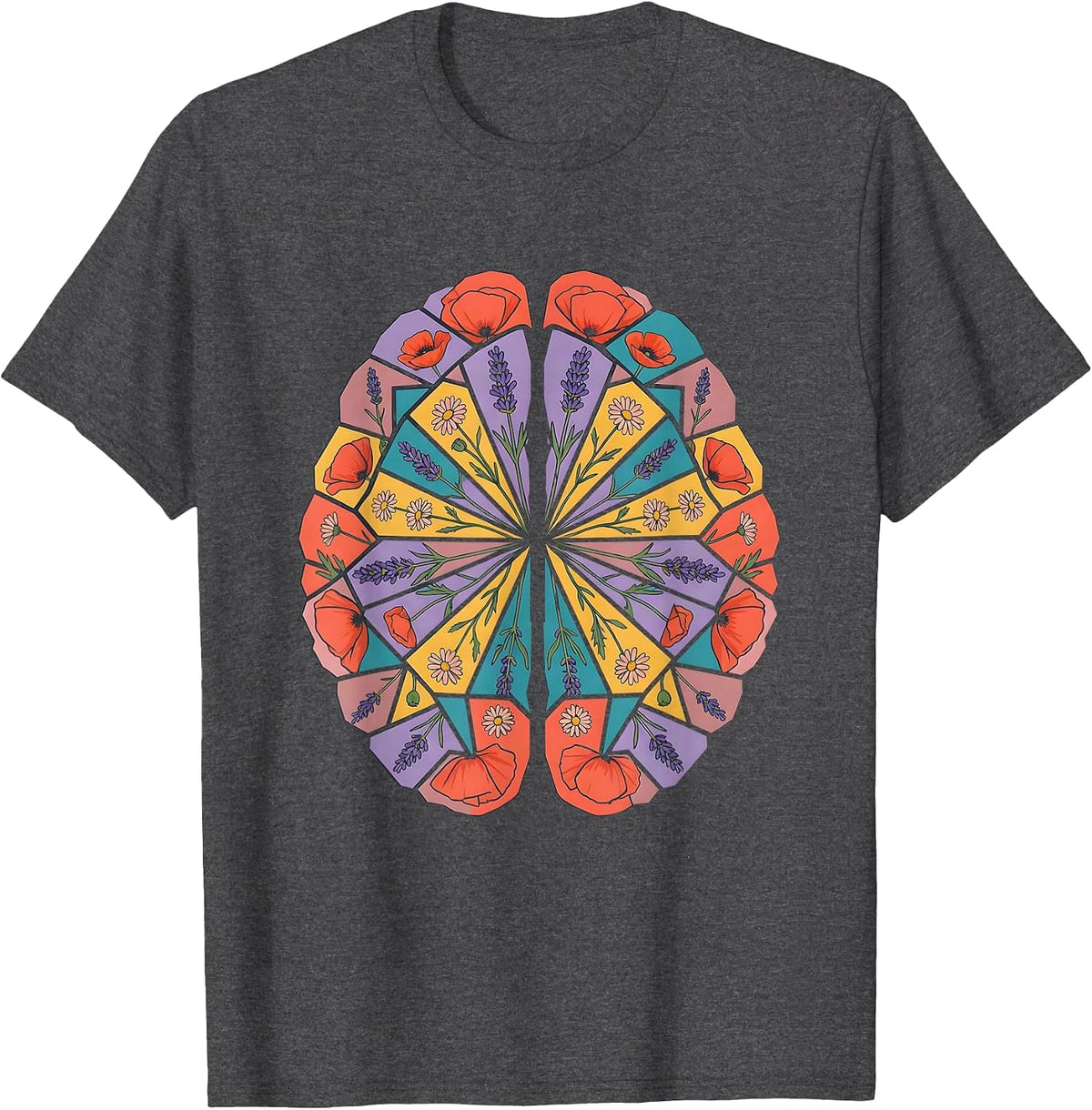 Men's Neurodiversity Kaleidoscope Brain Wildflower Art T-Shirt - Dark Heather Grey