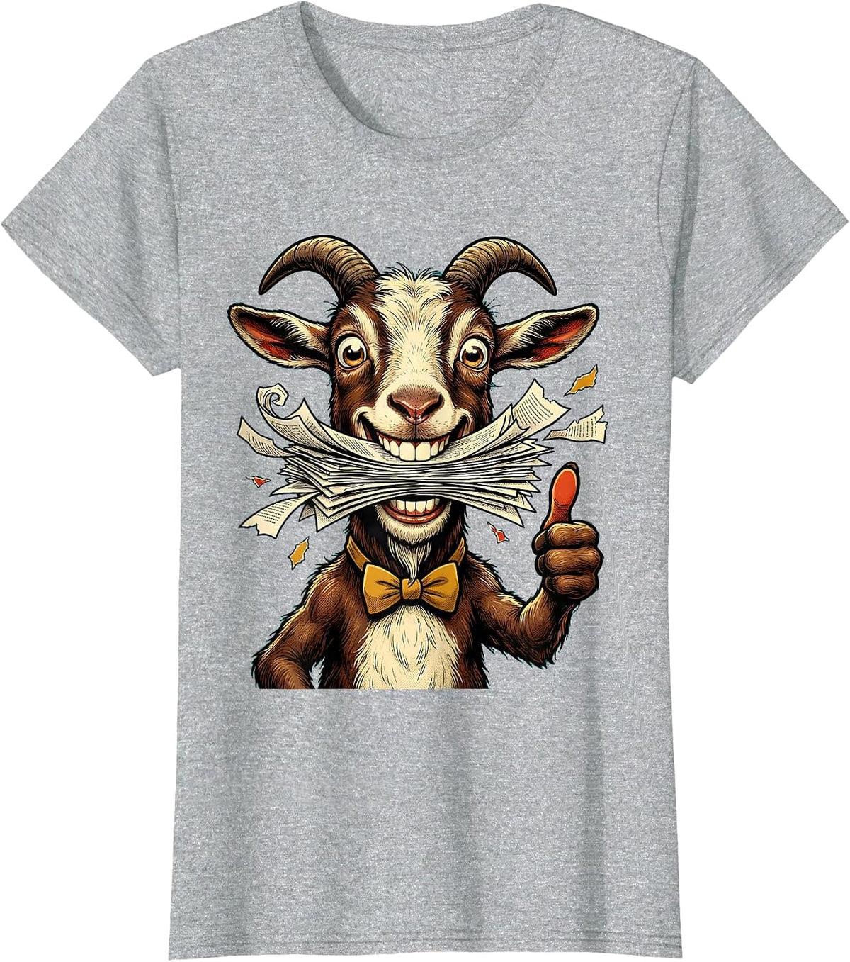 Funny Goat Eating Homework Illustration T-Shirt - Heather Grey