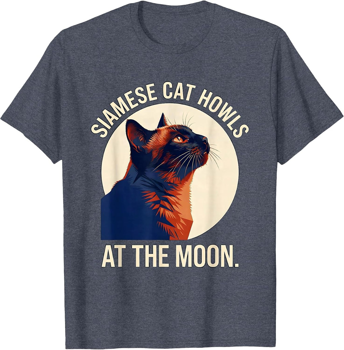 Siamese Cat Howls at the Moon 90's Retro Novelty T-Shirt - Heather Blue