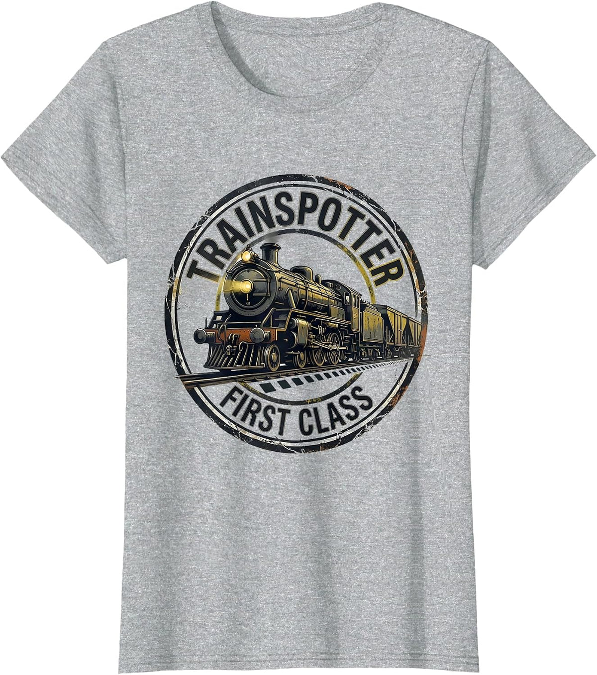 Trainspotter First Class Distressed Steam Locomotive Train T-Shirt - Heather Grey