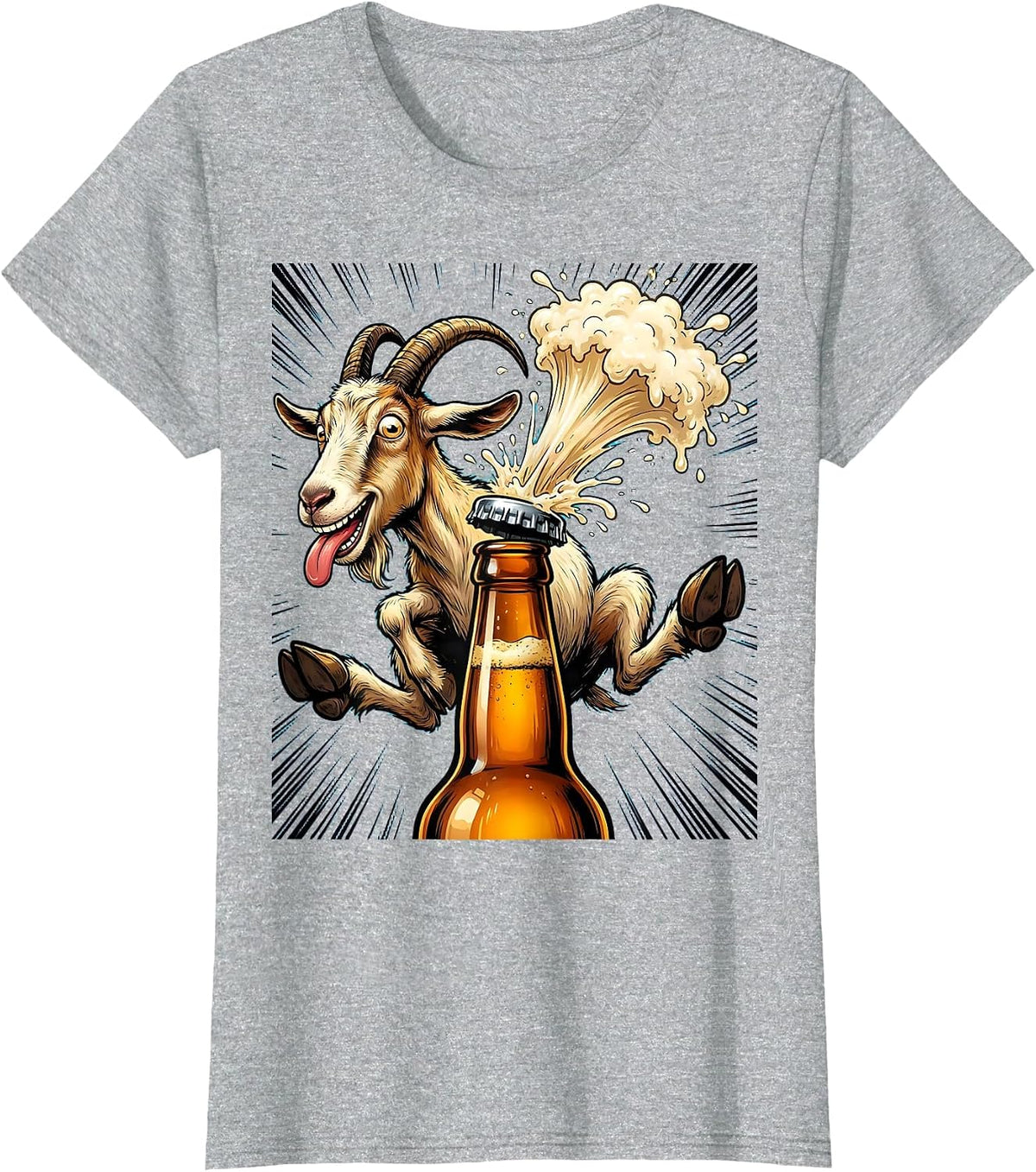 Goat Headbutts Beer Bottle Funny Drinking T-Shirt - Heather Grey