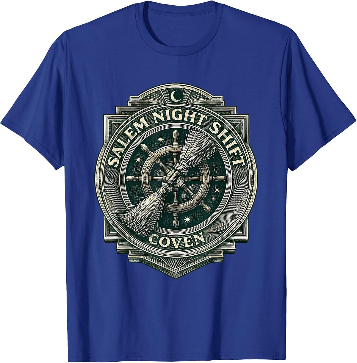 Salem Night Shift Coven Crosshatch Etching Halloween Work T-Shirt - Royal Blue