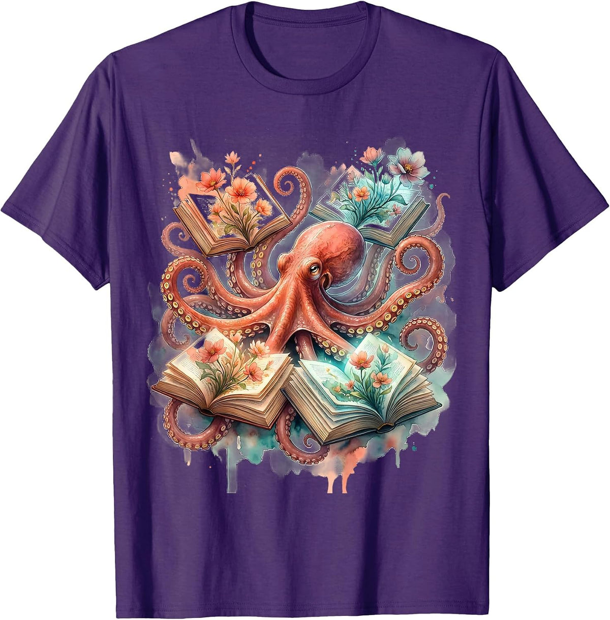 Neurodiversity Octopus Reading Books Illustration T-Shirt - Purple