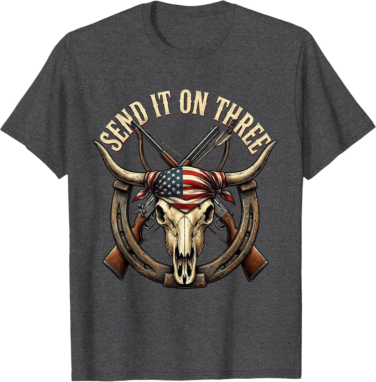 Men's Send It On Three Hunting Graphic Design T-Shirt - Dark Heather Grey