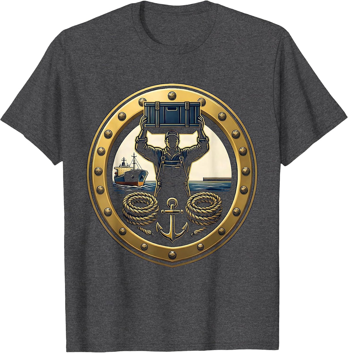Dock Worker Harbor Cargo Unloading Graphic Tee T-Shirt - Dark Heather Grey