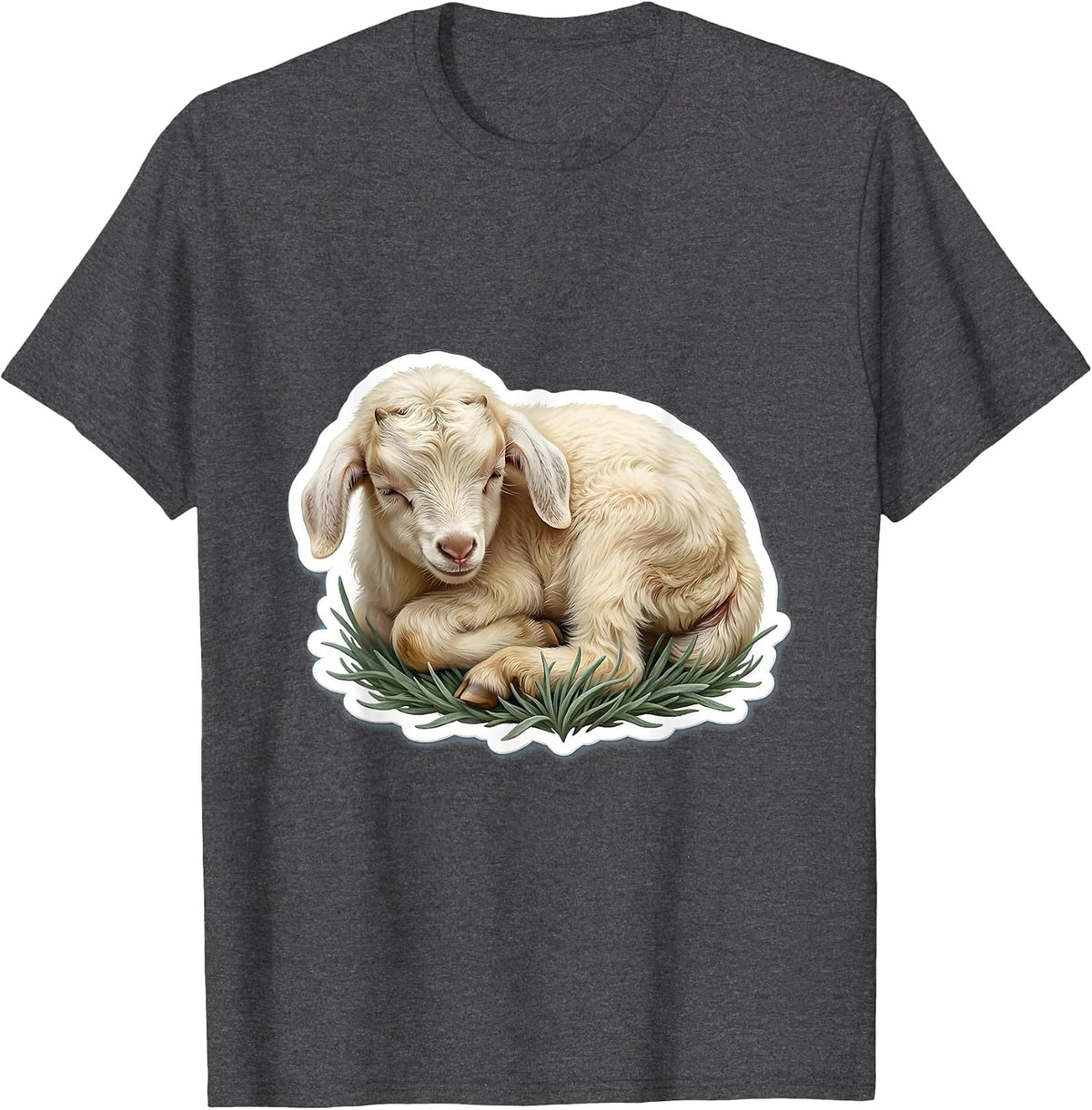 Men's Sleeping Baby Goat Curled Up in Grass T-Shirt - Dark Heather Grey