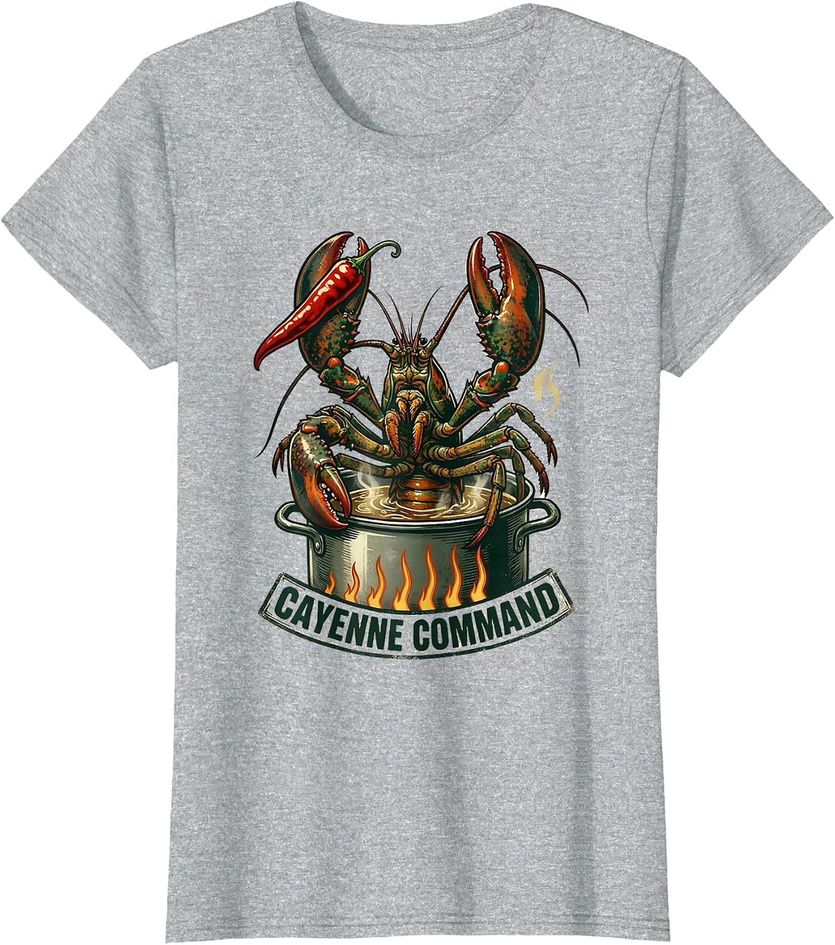 Cayenne Command Vintage Crawfish Mardi Gras Carnival Humor T-Shirt - Heather Grey