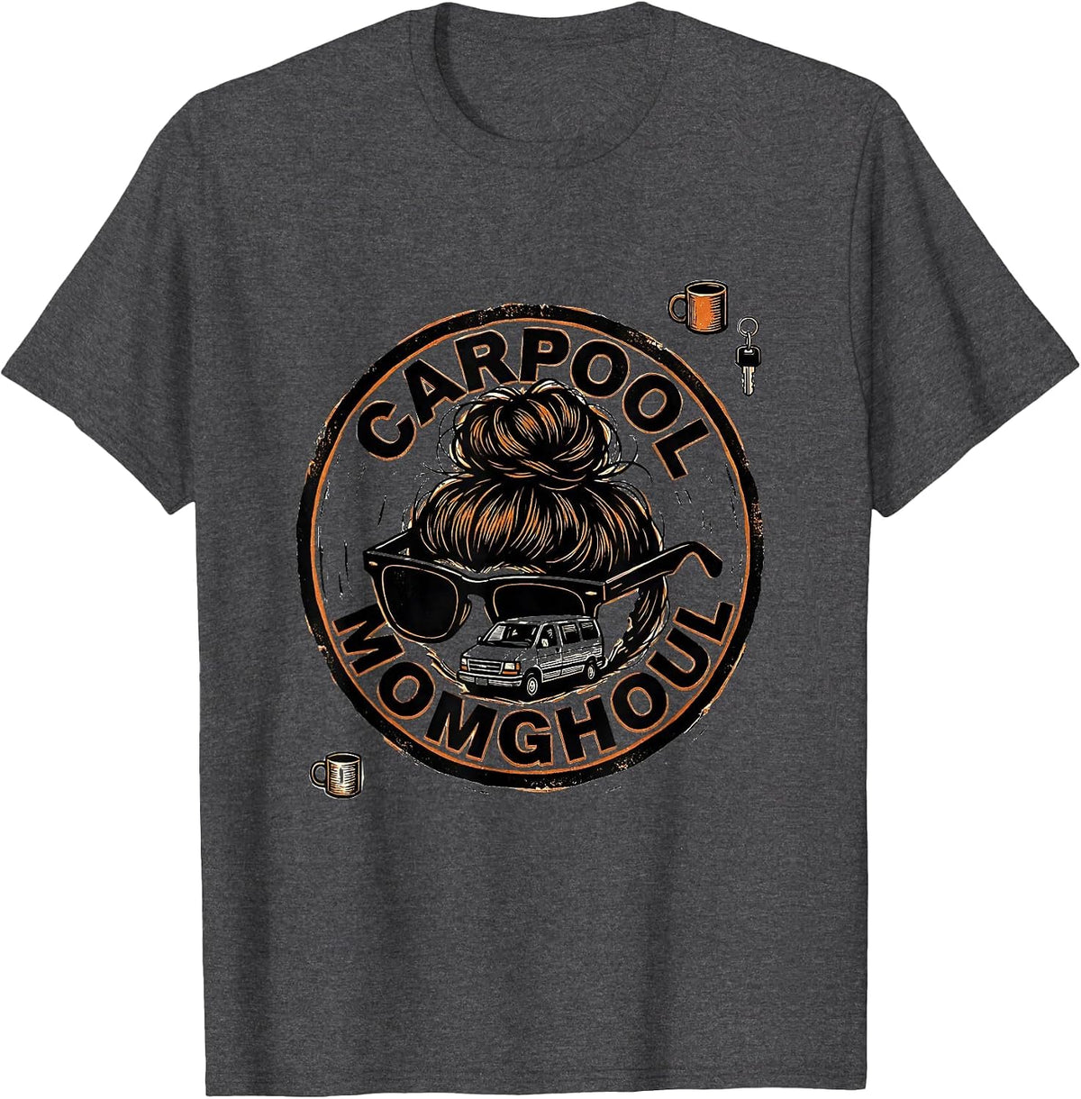 Men's Carpool Momghoul Linocut Funny Halloween Messy Bun Momster T-Shirt - Dark Heather Grey