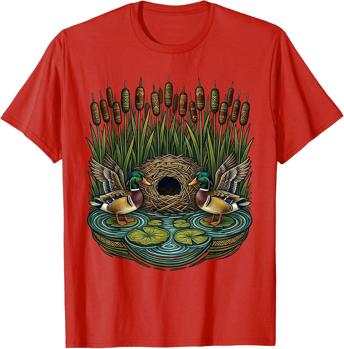Men's Duck Blind Cattails Hidden Marsh Hunting Illustration T-Shirt - Red