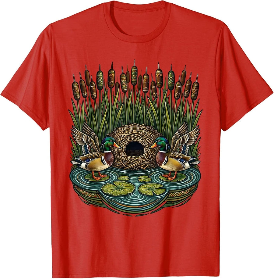 Men's Duck Blind Cattails Hidden Marsh Hunting Illustration T-Shirt - Red