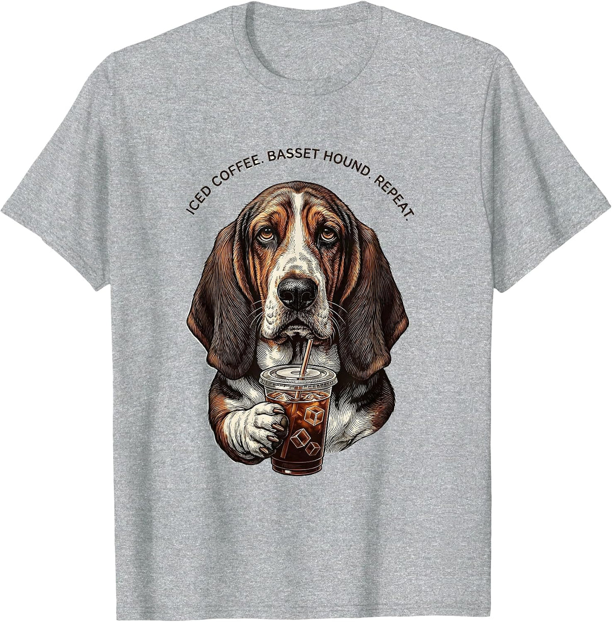 Men's Iced Coffee Basset Hound Repeat Funny Dog Lover Humor T-Shirt - Heather Grey