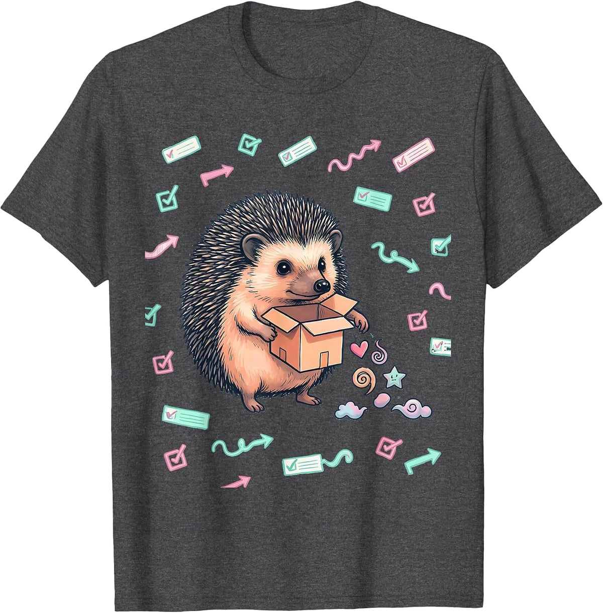 Men's Round Hedgehog Party Favor Box Kawaii Doodle Valentine T-Shirt - Dark Heather Grey