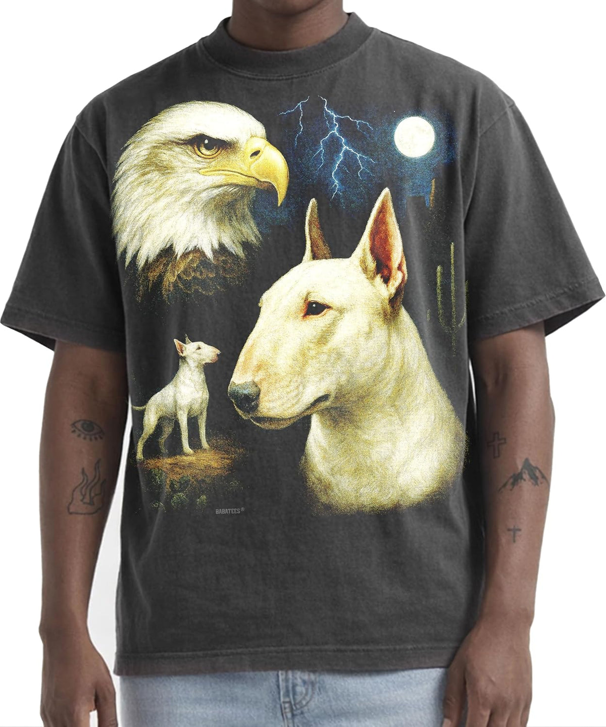 Shaka Wear Dog & Bald Eagle Thunder Tshirt - Faded Max-Heavyweight 7.5oz Oversized & Boxy - White Bull Terrier