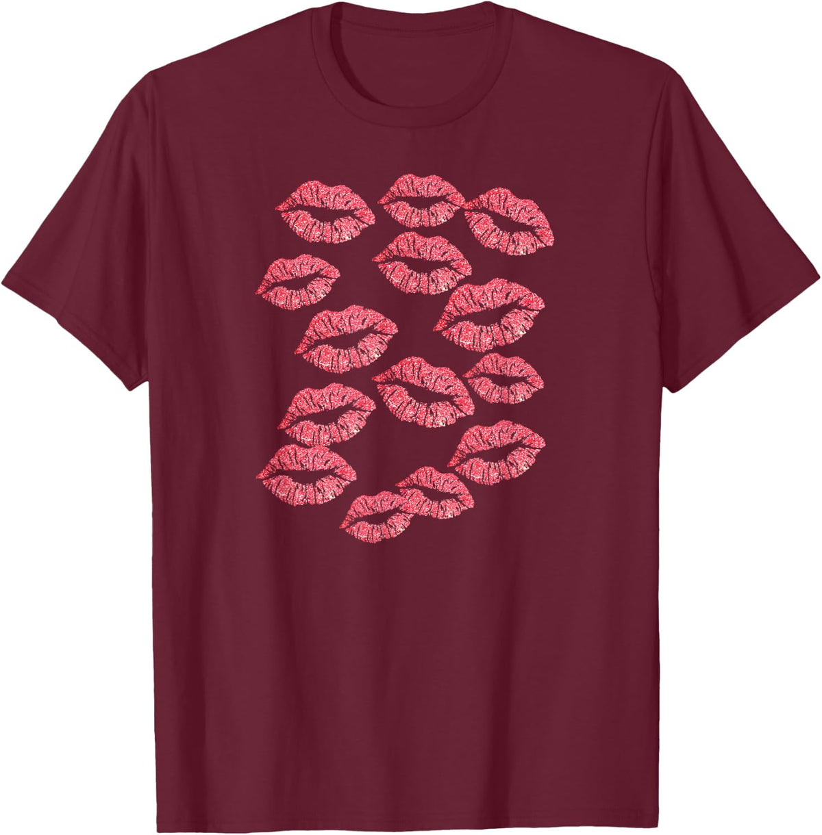 Kissy Lips Pink Lipstick Kiss Imprint Kisses Valentines Day T-Shirt - Burgundy