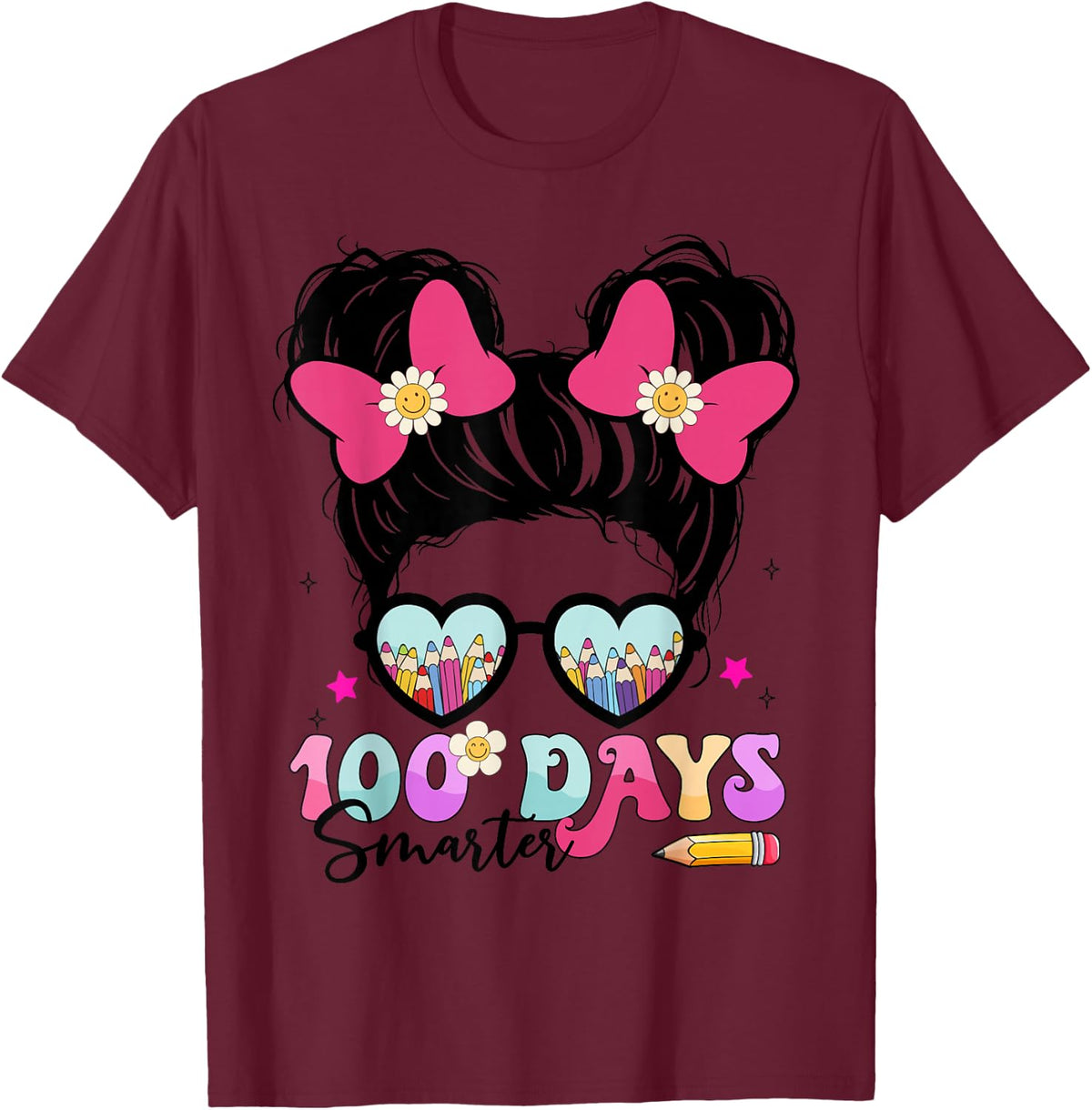 Messy Bun Hair 100th Day of School 100 Days Smarter Kids T-Shirt - Burgundy