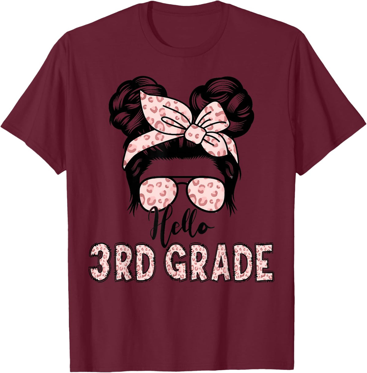 Hello 3rd Grade Messy Hair Bun Girl Back to School First Day T-Shirt Tee for Girls - Burgundy
