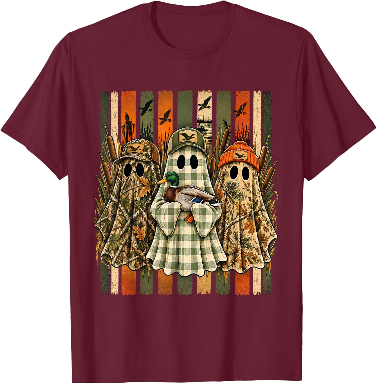 Duck Hunting Ghost Halloween Camo Mallard Duck Men Women T-Shirt - Burgundy