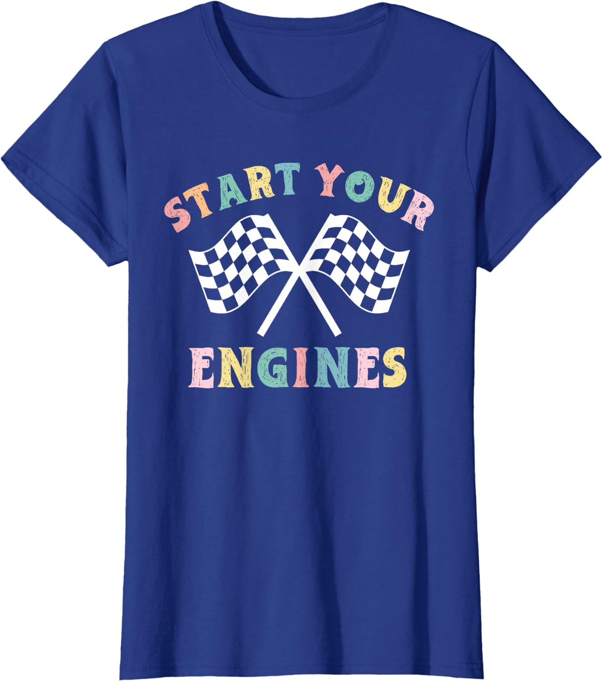 Start your engines Groovy checkered flag Retro Cheer Mom T-Shirt - Royal Blue
