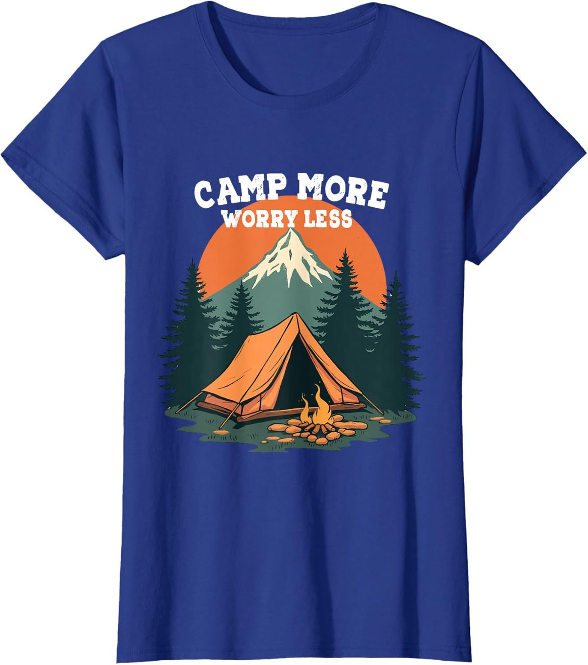 Camp More Worry Less Camping-themed Retro Design T-Shirt - Royal Blue