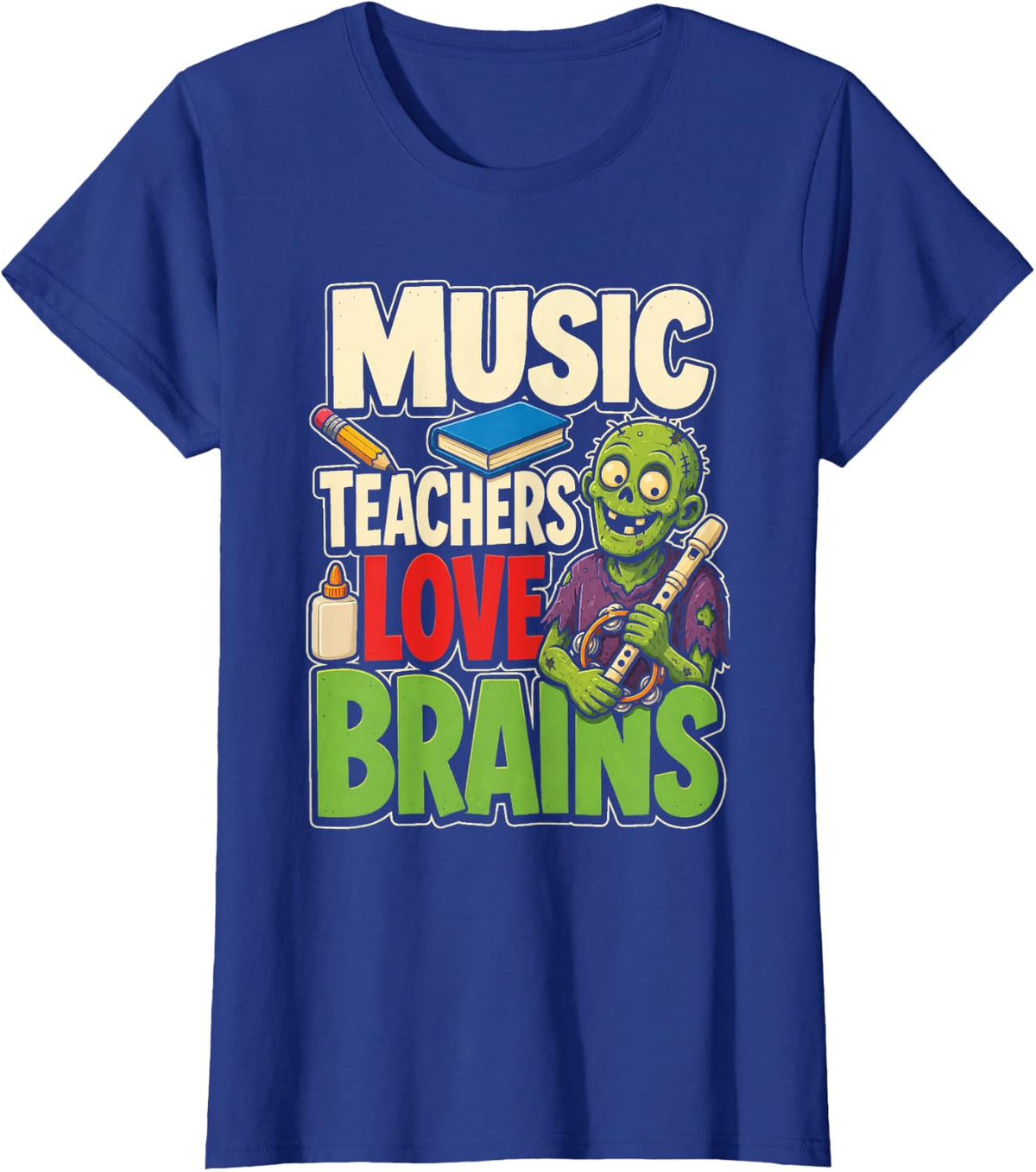 Music Teacher Love Brains Zombie Elementary Recorder Gift T-Shirt - Royal Blue