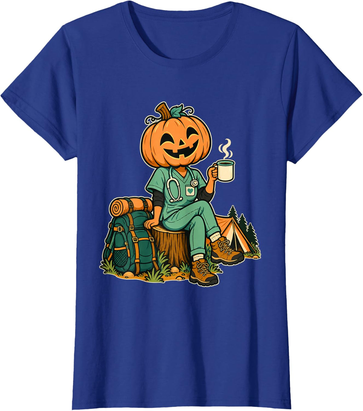 Pumpkin Doctor with Coffee Camping Halloween for Nurses T-Shirt - Royal Blue