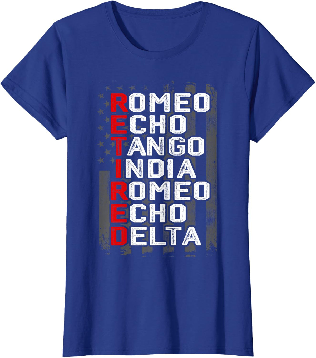 Phonetic Alphabet Retired Veteran American Flag Military T-Shirt - Royal Blue