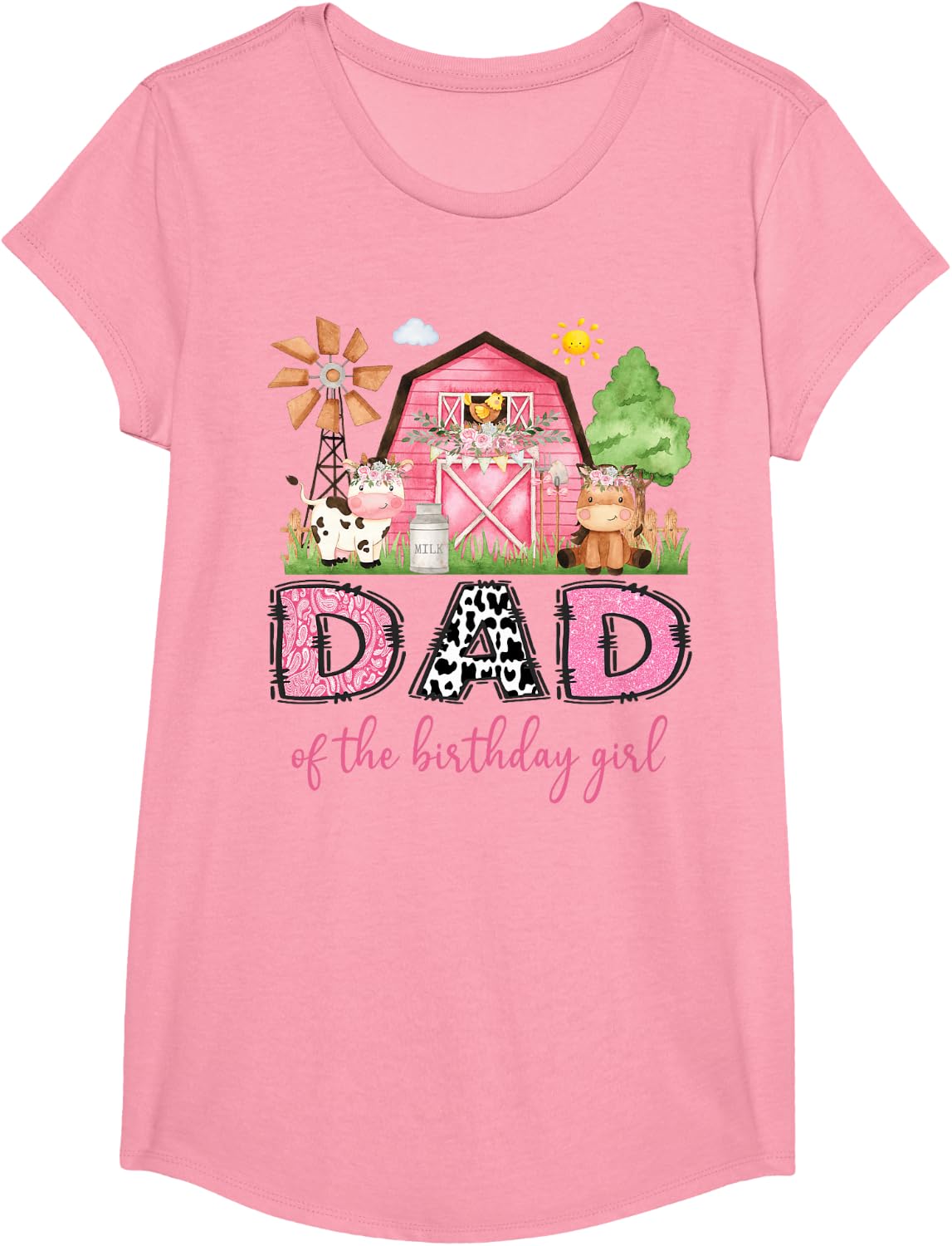 Dad of The Birthday Girl Cute Cow Farm Animals Lover T-Shirt - Girls Pink