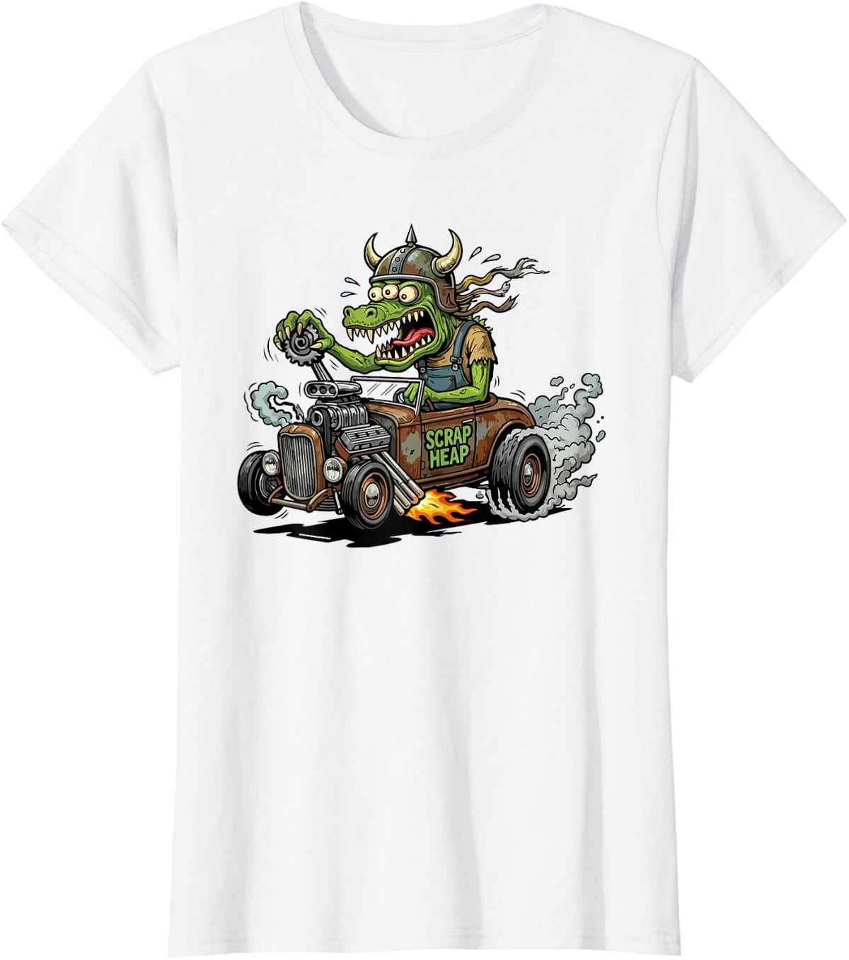 Funny Vintage Style Crazy Hotrod Rat Rod Race Car Cartoon T-Shirt - White