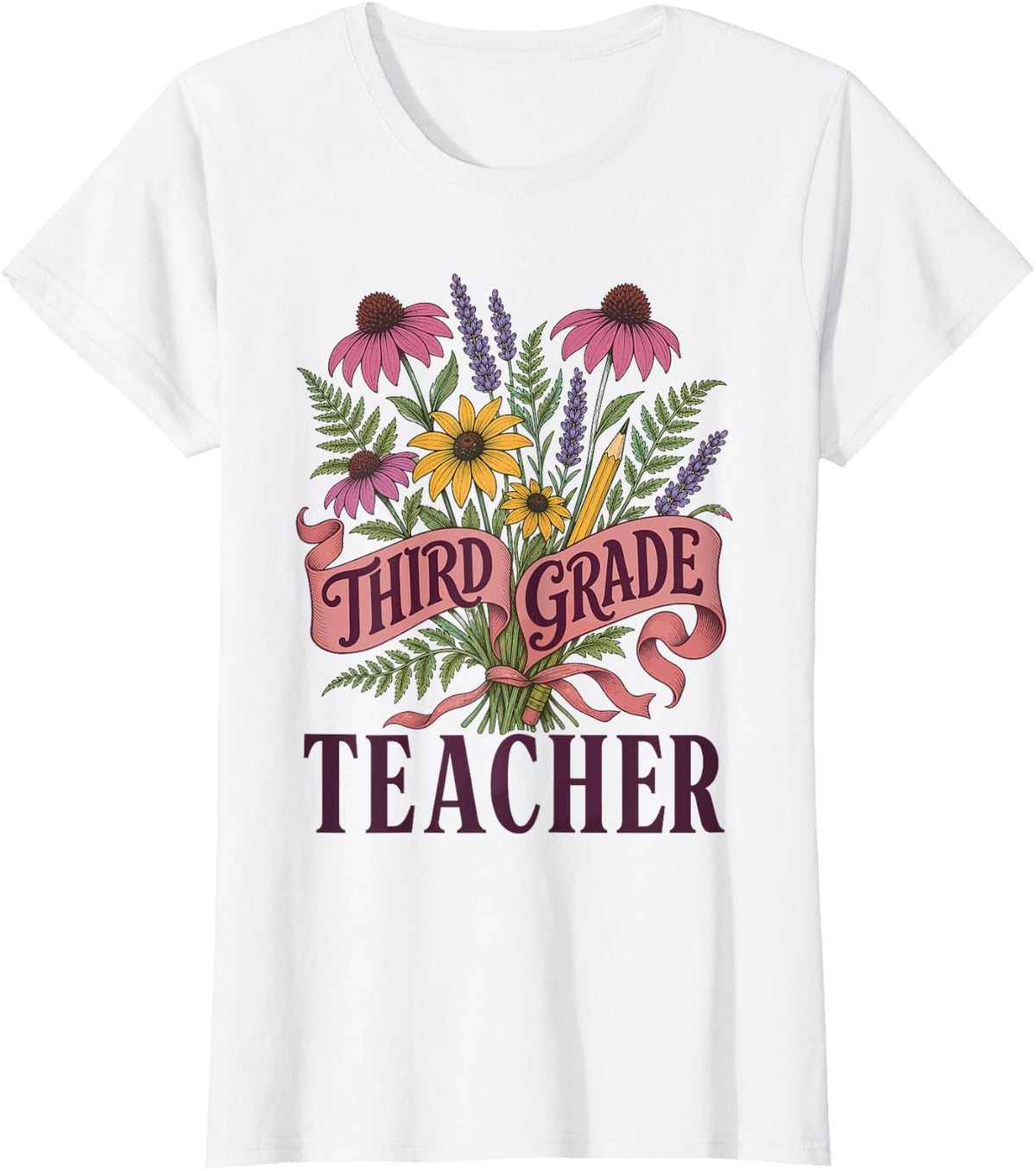 Third Grade Teacher Wildflower Script T-Shirt - White