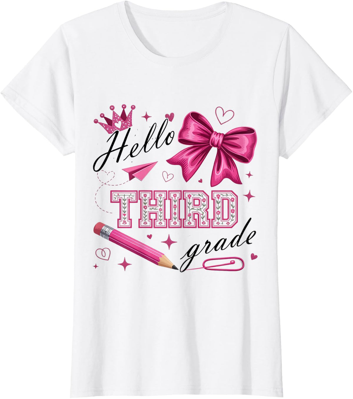Hello 3rd Grade Girls Teacher Coquette Bow Back to School T-Shirt Tee - White