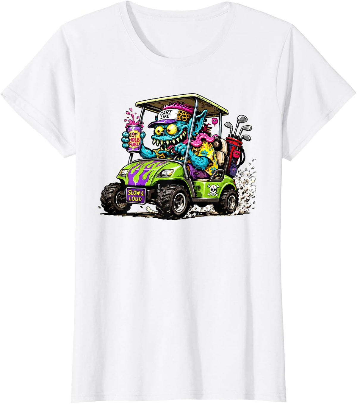 Funny and Wild Golf Cart Hotrod Golf Car Cartoon T-Shirt - White