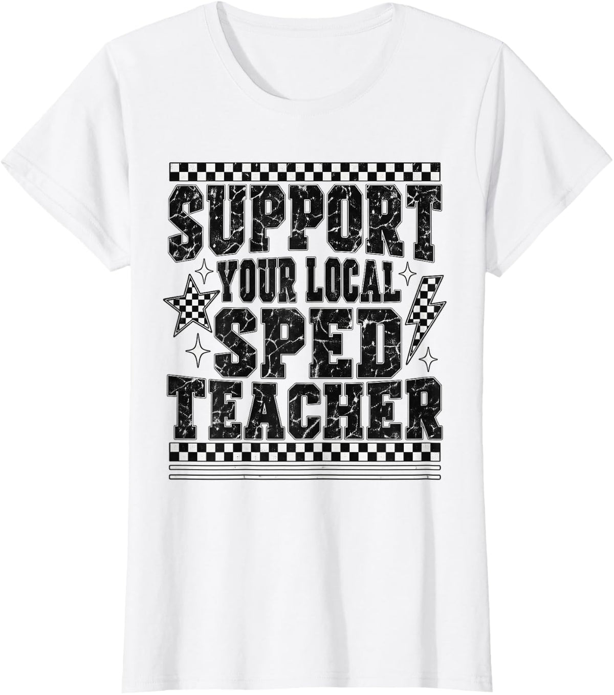 Support Your Local SPED Teacher Checkered Bolt Retro T-Shirt - White
