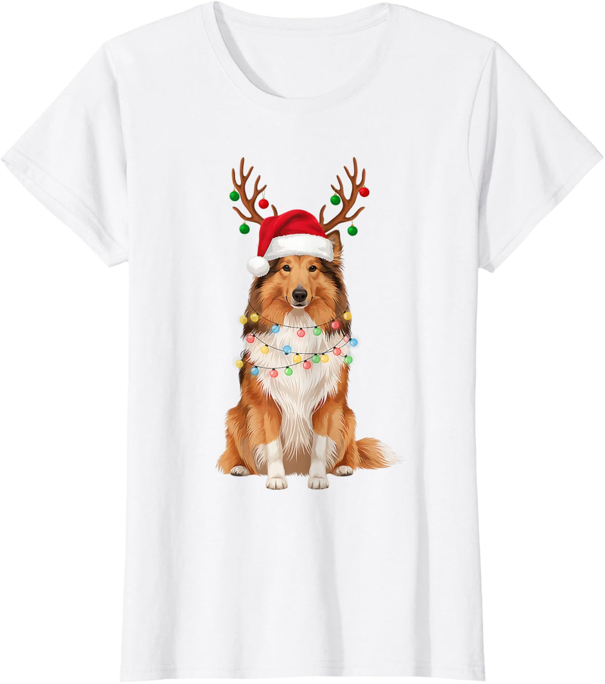 Sheltie Santa Hat Reindeer Ornaments Dog Mom Dad T-Shirt - White
