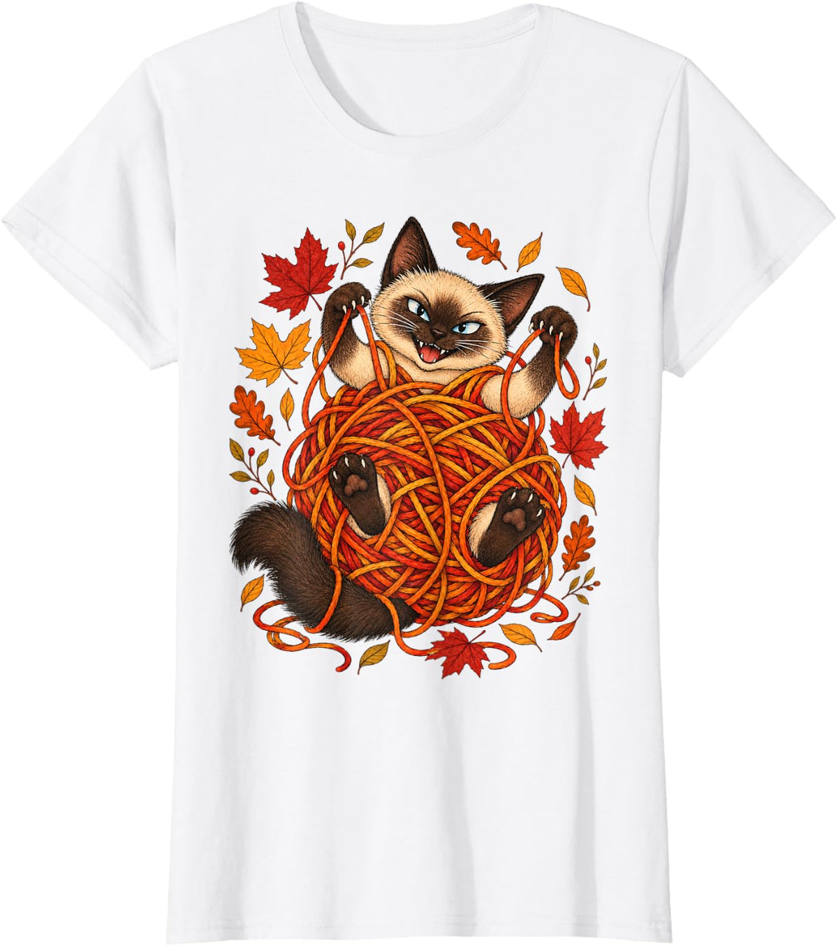 Siamese Cat Yarn Ball Autumn Fall Kitty Lover Knitting Humor T-Shirt - White