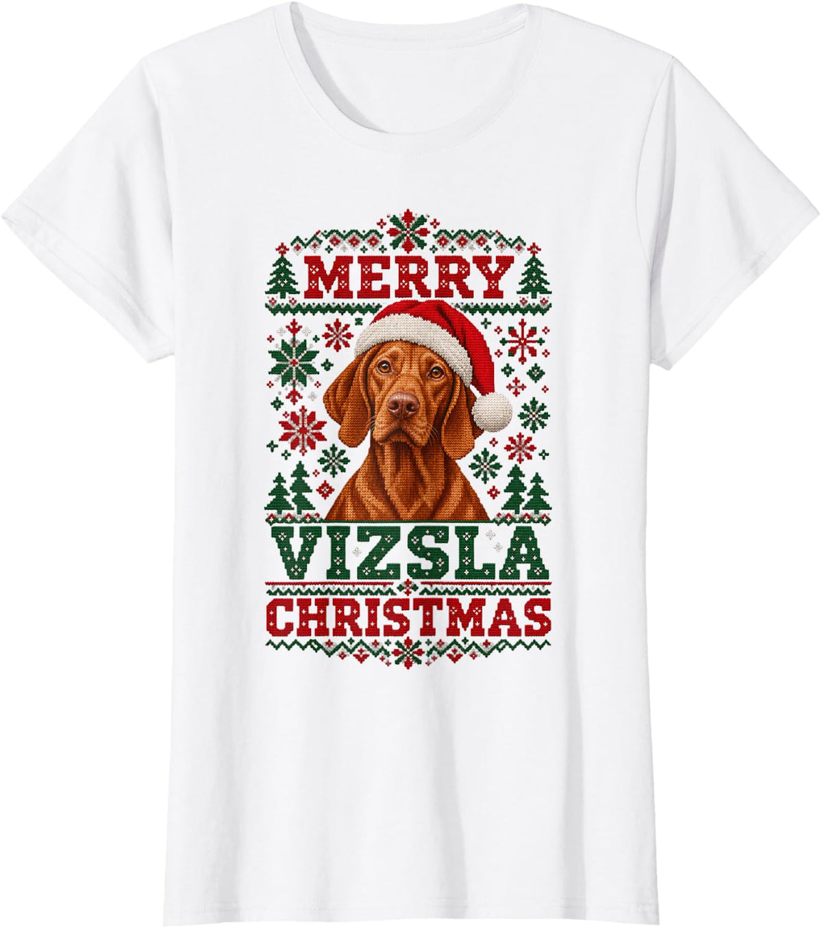Merry Vizsla Christmas Dog Ugly Sweater T-Shirt - White