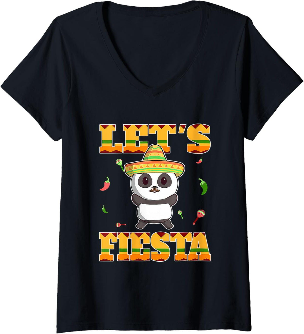 Women's Lets Fiesta Panda Bear Lover Cinco De Mayo Mexican Cute V-Neck T-Shirt - Black