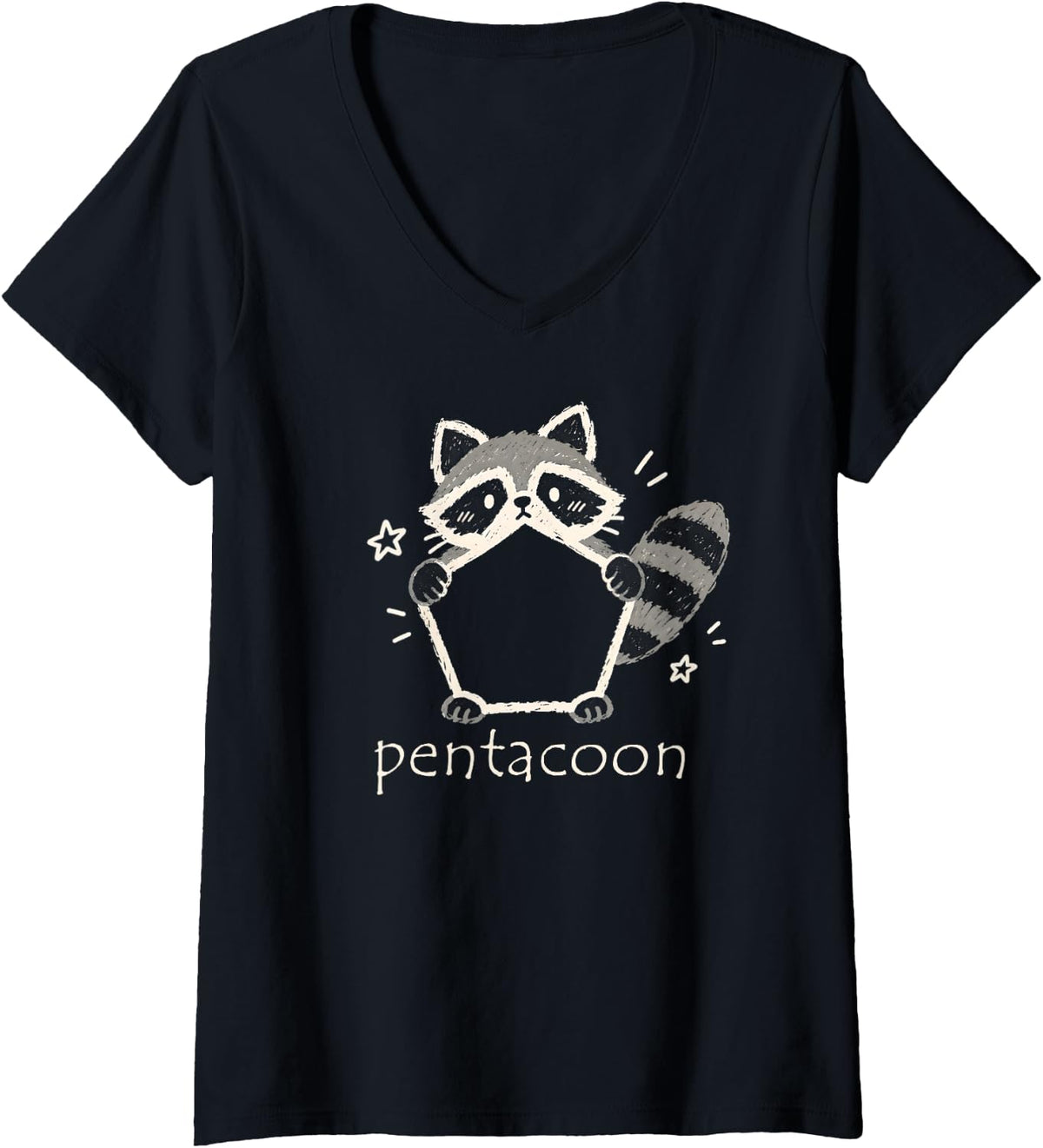 Women's Pentagon Raccoon Pun Pentacoon Geometry Animal Wordplay V-Neck T-Shirt - Black