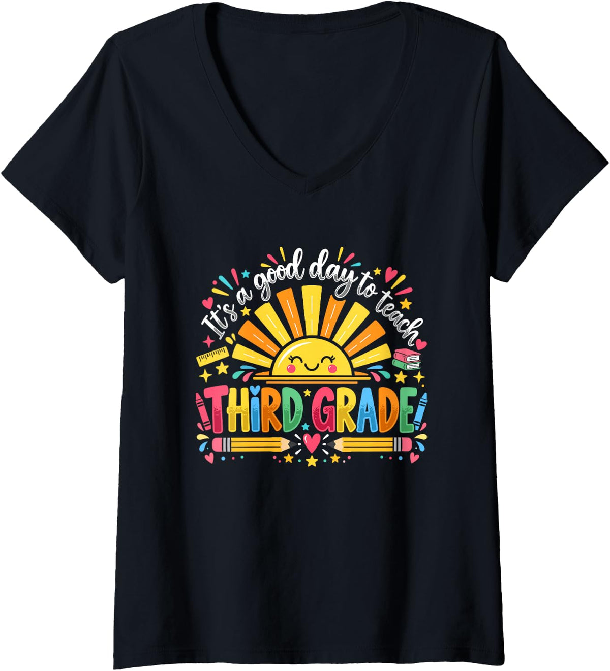 Women's Third Grade Teacher Good Day to Teach Sunshine V-Neck T-Shirt - Black