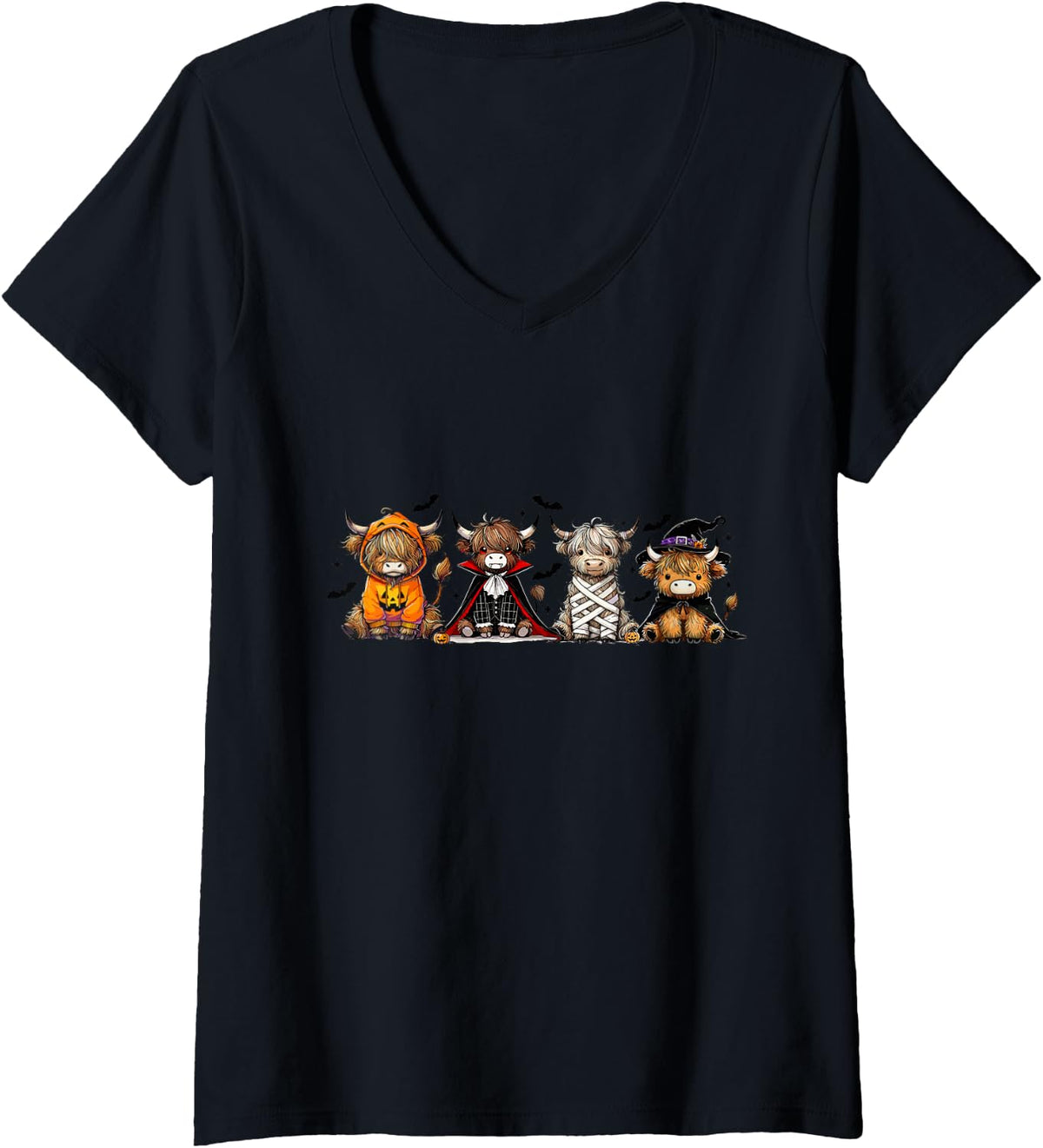 Womens Cute Halloween Highland Cow V-Neck T-Shirt - Black