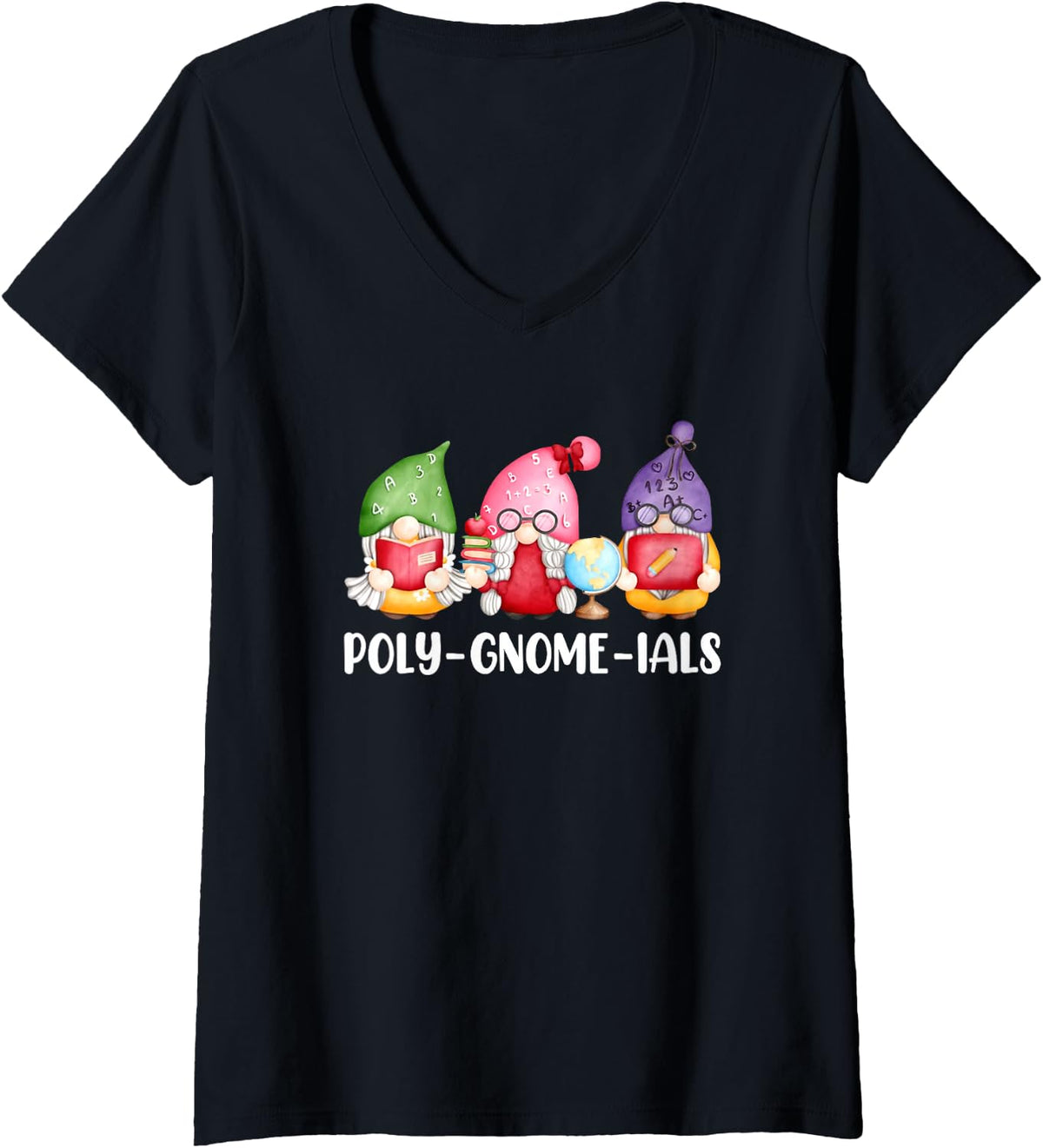 Women's Math Pun Poly-gnome-ials Gnome Math Teacher V-Neck T-Shirt - Black