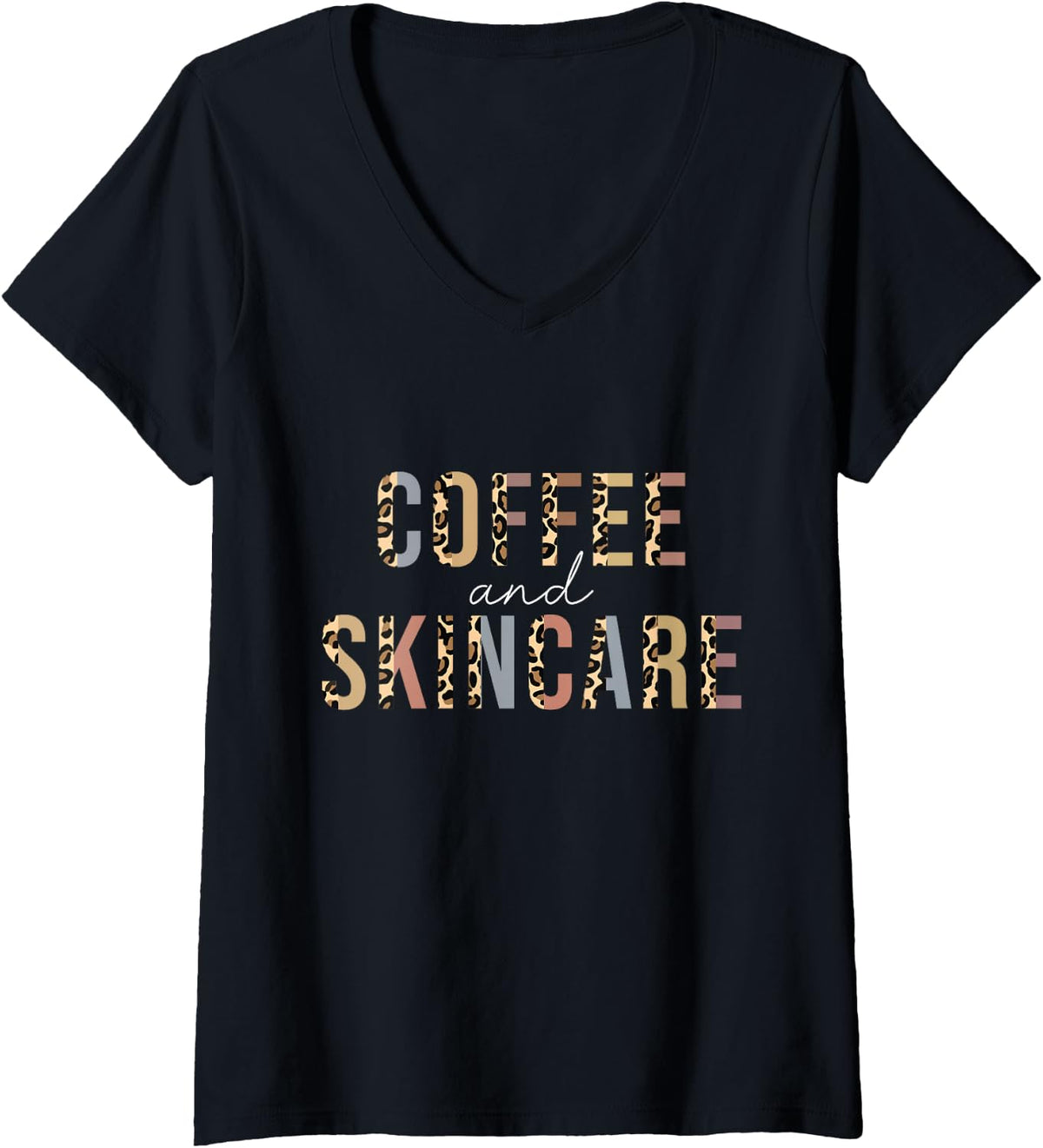 Women's Coffee and Skincare Leopard Esthetician Skincare V-Neck T-Shirt - Black