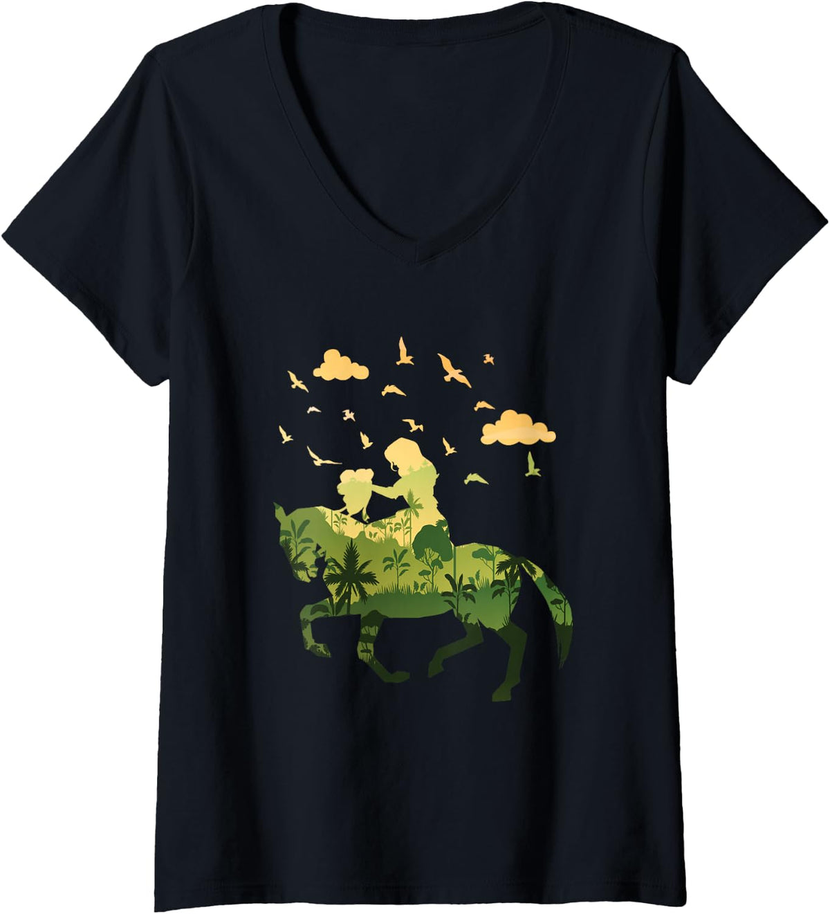 Women's Women Riding Horse Silhoutte V-Neck T-Shirt - Black